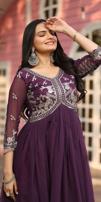 Ram 089 Wine Fox Georgette Gown with Designer Work. Wedding, Party, Festive, Events Introductory Price ₹1749. Delivery 4-6 Working Days. Shop now. | Jump Suits, Salwar suit, Casual Suits, Creative suits, Designer Suits, Palazzo Suits, Party Wear Suits, Patiala Suits, Straight Suits