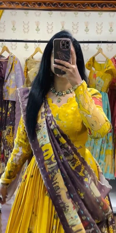 PC 539 Yellow Color Cotton Lehenga Choli with Kalamkari Print. Exclusive Offer ₹2049. Delivery 4-6 Working Days. Shop now. | Lehenga, Bollywood Lehenga, Creative Lehenga, Designer Lehenga, Embroidered Lehenga, Party Wear Lehenga