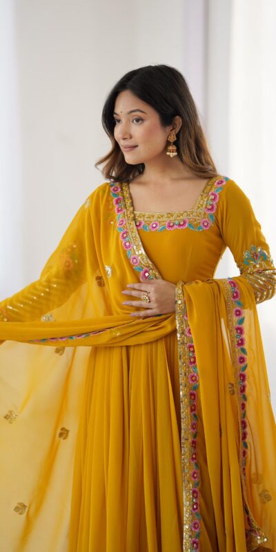 ZF 5010 Yellow Georgette Gown Perfect for Wedding, Party, Pooja, Ethnic Day, Karwa Chauth – . Best Price ₹2049. Delivery 4-6 Working Days. Shop now. | Jump Suits, Salwar suit, Casual Suits, Creative suits, Designer Suits, Palazzo Suits, Party Wear Suits, Patiala Suits, Straight Suits