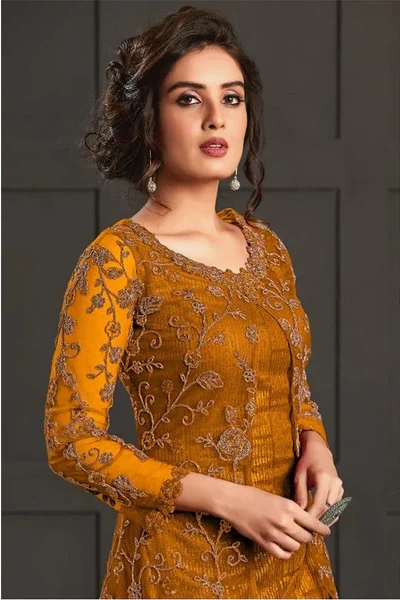 FC 4592 Yellow Net Salwar Suit with Stone Work. Wedding, Party, Festive, Events, Now at just ₹2449. Delivery 4-6 Working Days. Shop now. | Jump Suits, Salwar suit, Casual Suits, Creative suits, Designer Suits, Palazzo Suits, Party Wear Suits, Patiala Suits, Straight Suits