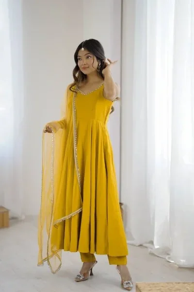 KB 285 Yellow in Roman Silk Chanderi Mirror Work & Lace Work Gown . Best Price ₹1929. Delivery 4-6 Working Days. Shop now. | Jump Suits, Salwar suit, Casual Suits, Creative suits, Designer Suits, Palazzo Suits, Party Wear Suits, Patiala Suits, Straight Suits