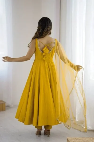KB 285 Yellow in Roman Silk Chanderi Mirror Work & Lace Work Gown . Best Price ₹1929. Delivery 4-6 Working Days. Shop now. | Jump Suits, Salwar suit, Casual Suits, Creative suits, Designer Suits, Palazzo Suits, Party Wear Suits, Patiala Suits, Straight Suits