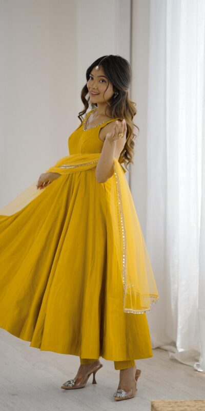 KB 285 Yellow in Roman Silk Chanderi Mirror Work & Lace Work Gown . Best Price ₹1929. Delivery 4-6 Working Days. Shop now. | Jump Suits, Salwar suit, Casual Suits, Creative suits, Designer Suits, Palazzo Suits, Party Wear Suits, Patiala Suits, Straight Suits