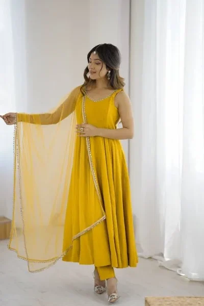 KB 285 Yellow in Roman Silk Chanderi Mirror Work & Lace Work Gown . Best Price ₹1929. Delivery 4-6 Working Days. Shop now. | Jump Suits, Salwar suit, Casual Suits, Creative suits, Designer Suits, Palazzo Suits, Party Wear Suits, Patiala Suits, Straight Suits