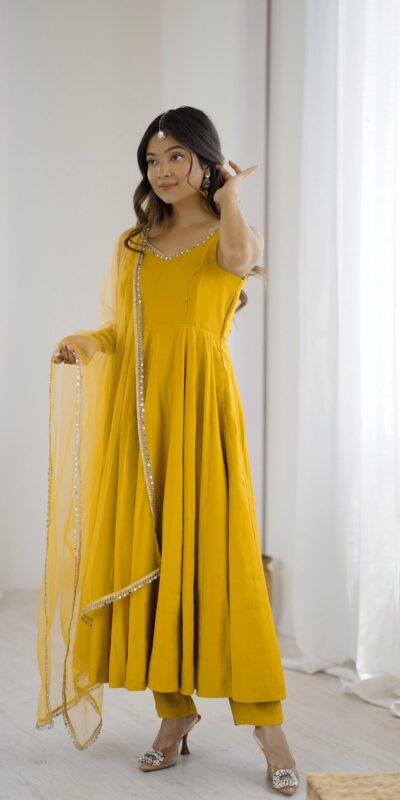 KB 285 Yellow in Roman Silk Chanderi Mirror Work & Lace Work Gown . Best Price ₹1929. Delivery 4-6 Working Days. Shop now. | Jump Suits, Salwar suit, Casual Suits, Creative suits, Designer Suits, Palazzo Suits, Party Wear Suits, Patiala Suits, Straight Suits