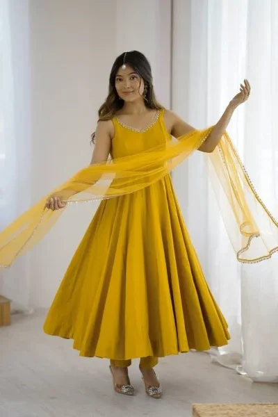 KB 285 Yellow in Roman Silk Chanderi Mirror Work & Lace Work Gown . Best Price ₹1929. Delivery 4-6 Working Days. Shop now. | Jump Suits, Salwar suit, Casual Suits, Creative suits, Designer Suits, Palazzo Suits, Party Wear Suits, Patiala Suits, Straight Suits