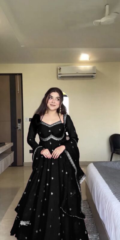 RTC 5924 Black Georgette Thread With Sequence Gown Perfect for Wedding, Party, Reception, Holi, Eid . Available at ₹1999 only. Delivery 4-6 Working Days. | Gowns, Bollywood Gowns, Creative Gowns, Designer Gowns, Embroidered Gowns, Party Wear Gowns