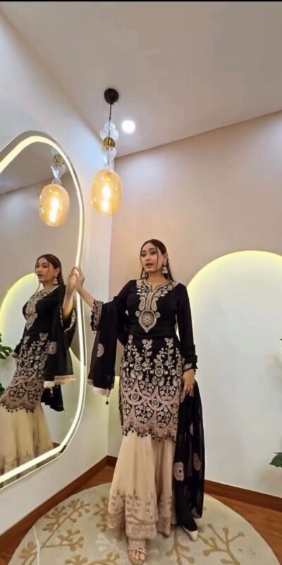 BE 409 Black Georgette Salwar Suit with Embroidery Work. Wedding, Party, Festive, Events, Best Price ₹2399. Delivery 4-6 Working Days. Shop now. | Lehenga, Bollywood Lehenga, Creative Lehenga, Designer Lehenga, Embroidered Lehenga, Party Wear Lehenga