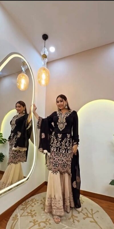 BE 409 Black Georgette Salwar Suit with Embroidery Work. Wedding, Party, Festive, Events, Best Price ₹2399. Delivery 4-6 Working Days. Shop now. | Lehenga, Bollywood Lehenga, Creative Lehenga, Designer Lehenga, Embroidered Lehenga, Party Wear Lehenga