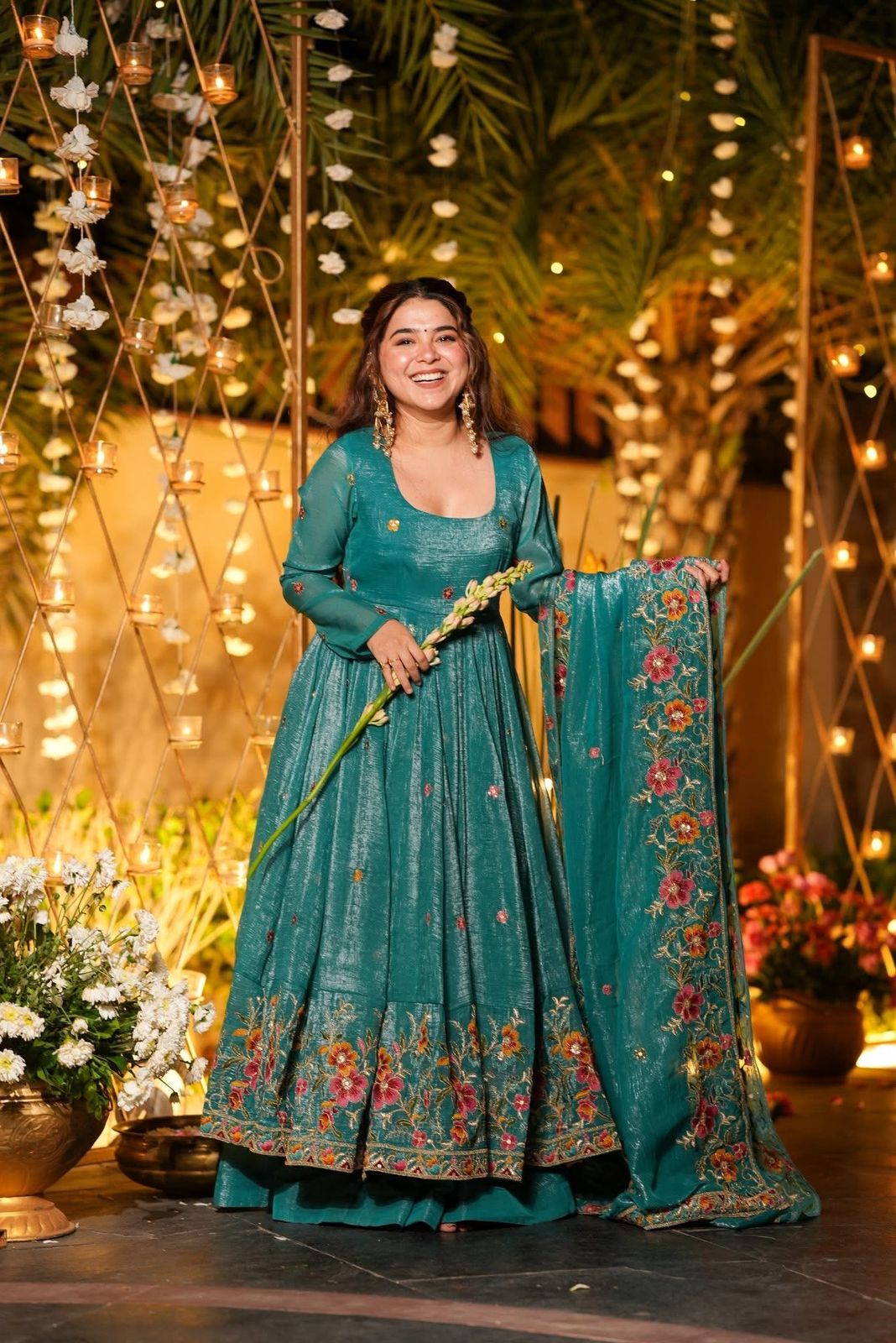 NSR 880 Firozi Crunchy Silk Gown with Embroidery Work. Wedding, Party, Festive, Events Grab it for ₹2249. Delivery 4-6 Working Days. Shop now. | Gowns, Bollywood Gowns, Creative Gowns, Designer Gowns, Embroidered Gowns, Party Wear Gowns