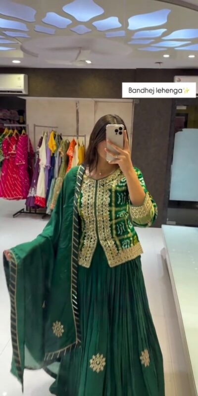 KF 1709 Green Chinon Lehenga Choli Perfect for Wedding, Party, Eid, Makar Sankranti, Reception – . Available at ₹2099 only. Delivery 4-6 Working Days. | Lehenga, Bollywood Lehenga, Creative Lehenga, Designer Lehenga, Embroidered Lehenga, Party Wear Lehenga