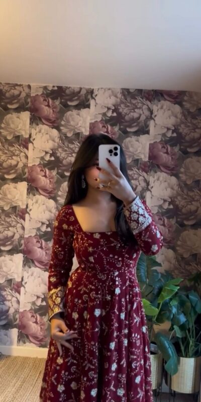 ZF 432 Maroon Color Faux Georgette Gown with Embroidery Work. Available at ₹2149 only. Delivery 4-6 Working Days. Shop now. | Jump Suits, Salwar suit, Casual Suits, Creative suits, Designer Suits, Palazzo Suits, Party Wear Suits, Patiala Suits, Straight Suits