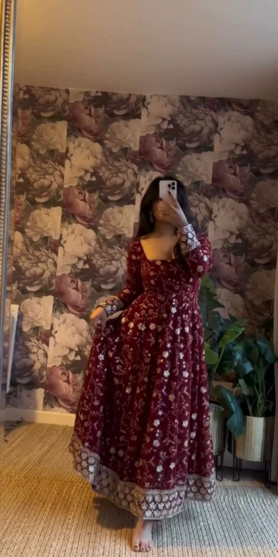 ZF 432 Maroon Color Faux Georgette Gown with Embroidery Work. Available at ₹2149 only. Delivery 4-6 Working Days. Shop now. | Jump Suits, Salwar suit, Casual Suits, Creative suits, Designer Suits, Palazzo Suits, Party Wear Suits, Patiala Suits, Straight Suits