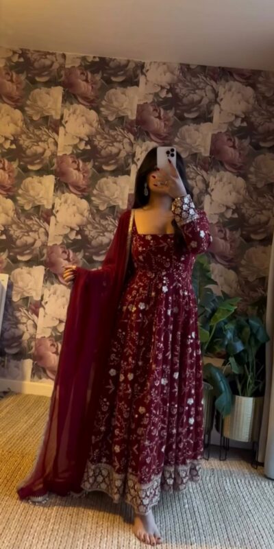 ZF 432 Maroon Color Faux Georgette Gown with Embroidery Work. Available at ₹2149 only. Delivery 4-6 Working Days. Shop now. | Gowns, Bollywood Gowns, Creative Gowns, Designer Gowns, Embroidered Gowns, Party Wear Gowns