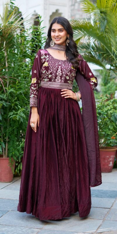 Ram 138 Maroon Fendy silk Embroidery Work Gown in. Wedding, Party, Festive, Events, Best Price ₹2149. Delivery 4-6 Working Days. Shop now. | Gowns, Bollywood Gowns, Creative Gowns, Designer Gowns, Embroidered Gowns, Party Wear Gowns