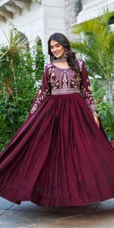 Ram 138 Maroon Fendy silk Embroidery Work Gown in. Wedding, Party, Festive, Events, Best Price ₹2149. Delivery 4-6 Working Days. Shop now. | Gowns, Bollywood Gowns, Creative Gowns, Designer Gowns, Embroidered Gowns, Party Wear Gowns