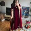 Maroon Viscose Velvet Embroidery Lace Work Salwar Suit