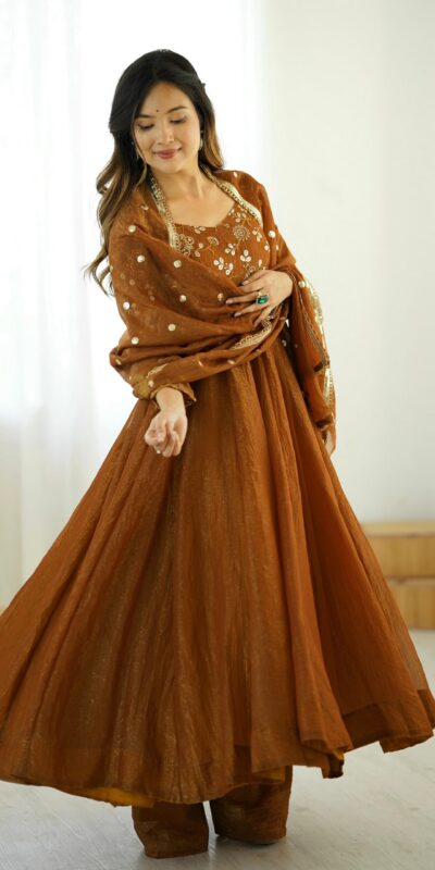 SRK 5290 Mustered Crunchy Silk Gown Perfect for Wedding, Party, Pongal, Traditional Day, Reception Get it for ₹1999. Delivery 4-6 Working Days. Shop now. | Jump Suits, Salwar suit, Casual Suits, Creative suits, Designer Suits, Palazzo Suits, Party Wear Suits, Patiala Suits, Straight Suits