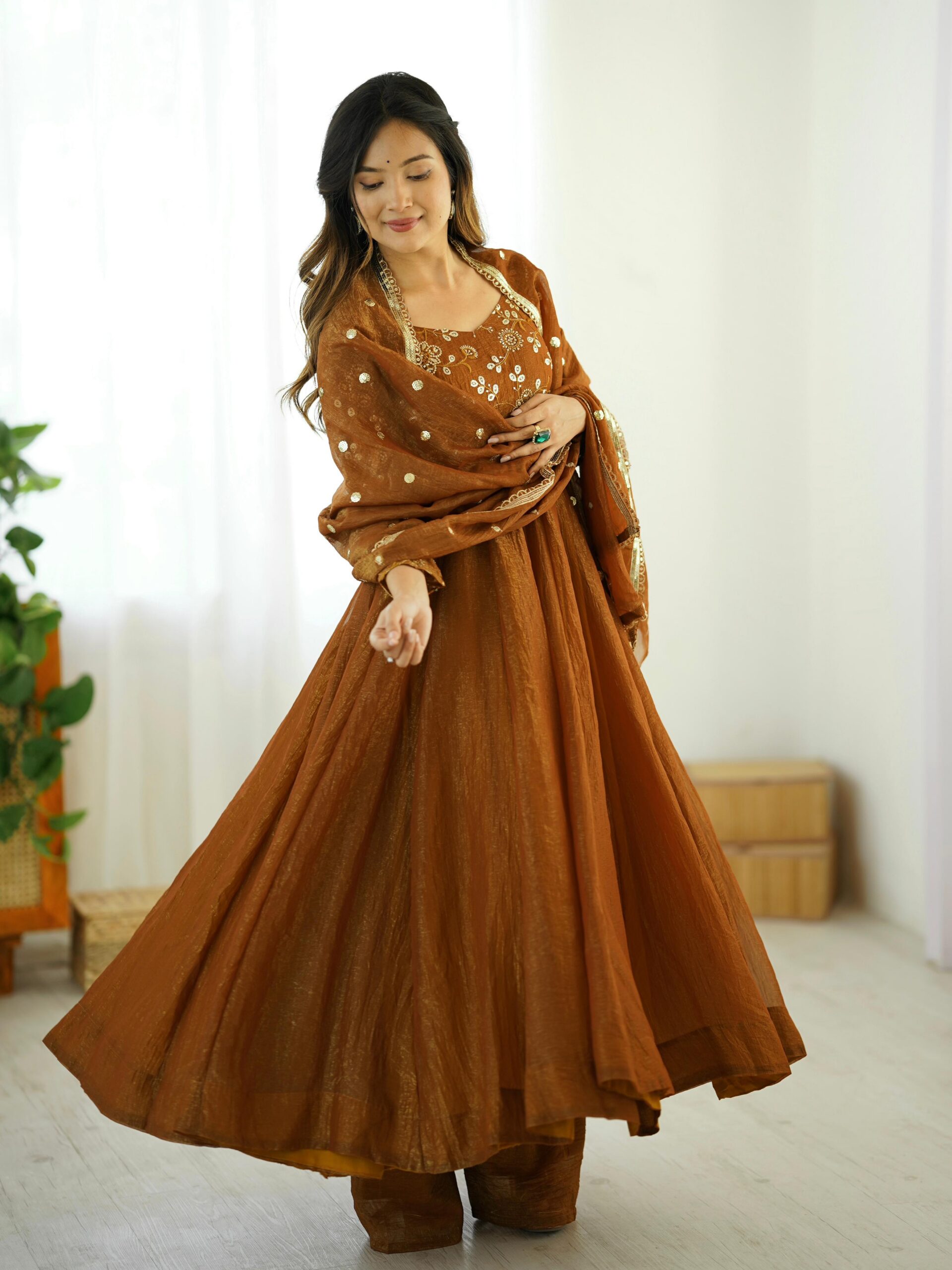 SRK 5290 Mustered Crunchy Silk Gown Perfect for Wedding, Party, Pongal, Traditional Day, Reception Get it for ₹1999. Delivery 4-6 Working Days. Shop now. | Jump Suits, Salwar suit, Casual Suits, Creative suits, Designer Suits, Palazzo Suits, Party Wear Suits, Patiala Suits, Straight Suits