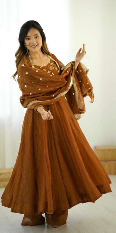 SRK 5290 Mustered Crunchy Silk Gown Perfect for Wedding, Party, Pongal, Traditional Day, Reception Get it for ₹1999. Delivery 4-6 Working Days. Shop now. | Jump Suits, Salwar suit, Casual Suits, Creative suits, Designer Suits, Palazzo Suits, Party Wear Suits, Patiala Suits, Straight Suits