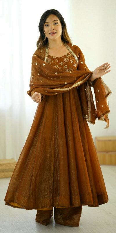 SRK 5290 Mustered Crunchy Silk Gown Perfect for Wedding, Party, Pongal, Traditional Day, Reception Get it for ₹1999. Delivery 4-6 Working Days. Shop now. | Jump Suits, Salwar suit, Casual Suits, Creative suits, Designer Suits, Palazzo Suits, Party Wear Suits, Patiala Suits, Straight Suits