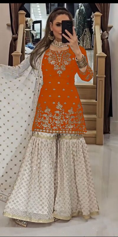 VLM 264 Orange in Fox Georgette Embroidery Work & Lace Work Salwar Suit . Best Price ₹2399. Delivery 4-6 Working Days. Shop now. | Jump Suits, Tops & Bottoms, Track Suits, Salwar suit, Casual Suits, Creative suits, Designer Suits, Palazzo Suits, Party Wear Suits, Patiala Suits, Straight Suits, Trendy Wear