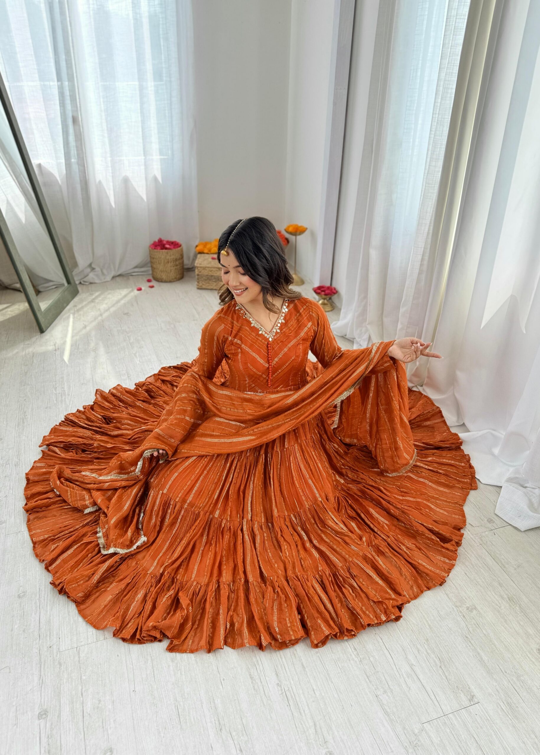 SRK 5305 Orange Color Mal Chanderi Gown with Mirror Work & Lace Work. Grab it for ₹2399. Delivery 4-6 Working Days. Shop now. | Jump Suits, Salwar suit, Casual Suits, Creative suits, Designer Suits, Palazzo Suits, Party Wear Suits, Patiala Suits, Straight Suits