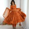 SRK 5305 Orange Color Mal Chanderi Gown with Mirror Work & Lace Work. Grab it for ₹2399. Delivery 4-6 Working Days. Shop now. | Gowns, Bollywood Gowns, Creative Gowns, Designer Gowns, Embroidered Gowns, Party Wear Gowns