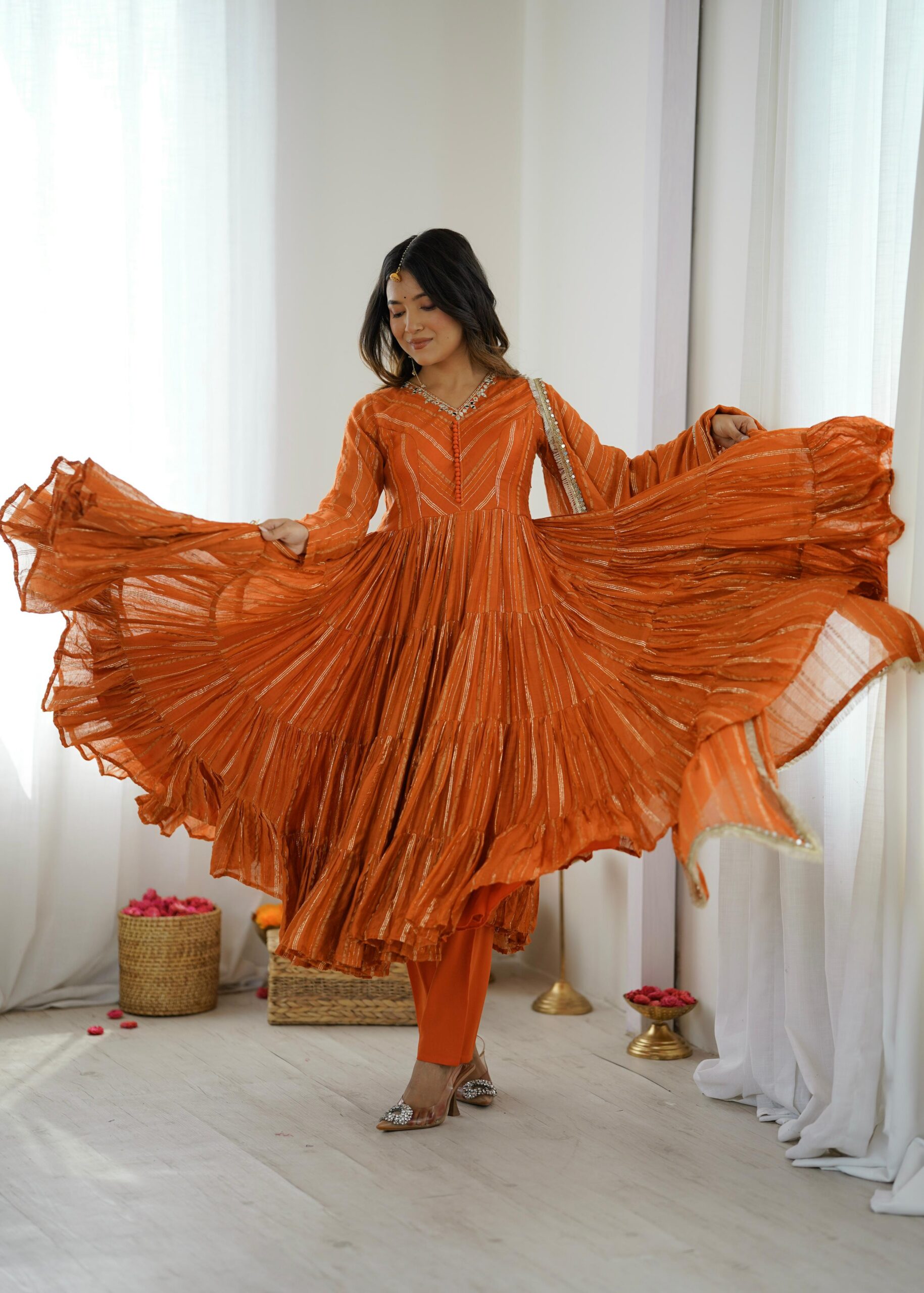 SRK 5305 Orange Color Mal Chanderi Gown with Mirror Work & Lace Work. Grab it for ₹2399. Delivery 4-6 Working Days. Shop now. | Jump Suits, Salwar suit, Casual Suits, Creative suits, Designer Suits, Palazzo Suits, Party Wear Suits, Patiala Suits, Straight Suits