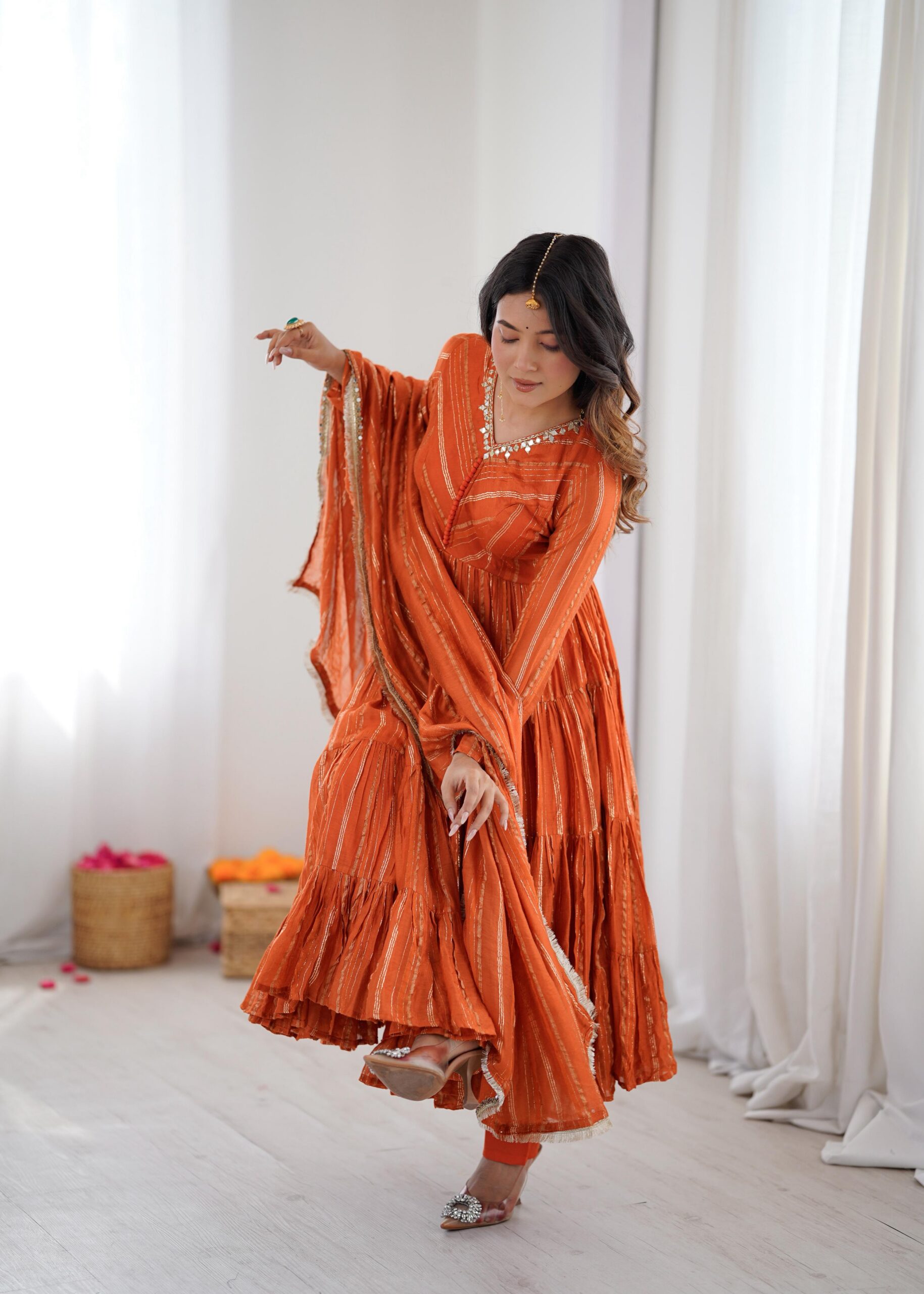 SRK 5305 Orange Color Mal Chanderi Gown with Mirror Work & Lace Work. Grab it for ₹2399. Delivery 4-6 Working Days. Shop now. | Jump Suits, Salwar suit, Casual Suits, Creative suits, Designer Suits, Palazzo Suits, Party Wear Suits, Patiala Suits, Straight Suits