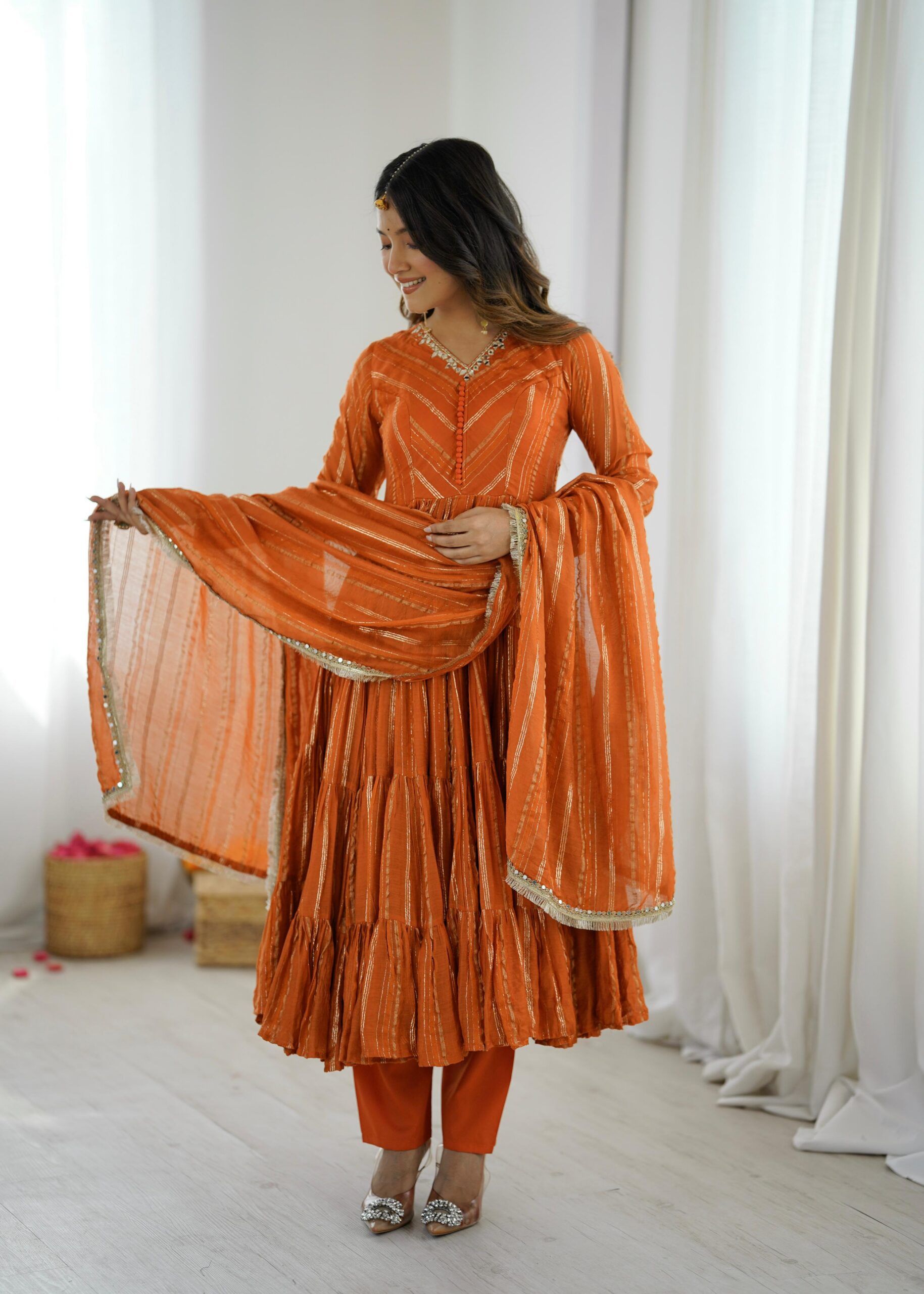 SRK 5305 Orange Color Mal Chanderi Gown with Mirror Work & Lace Work. Grab it for ₹2399. Delivery 4-6 Working Days. Shop now. | Jump Suits, Salwar suit, Casual Suits, Creative suits, Designer Suits, Palazzo Suits, Party Wear Suits, Patiala Suits, Straight Suits
