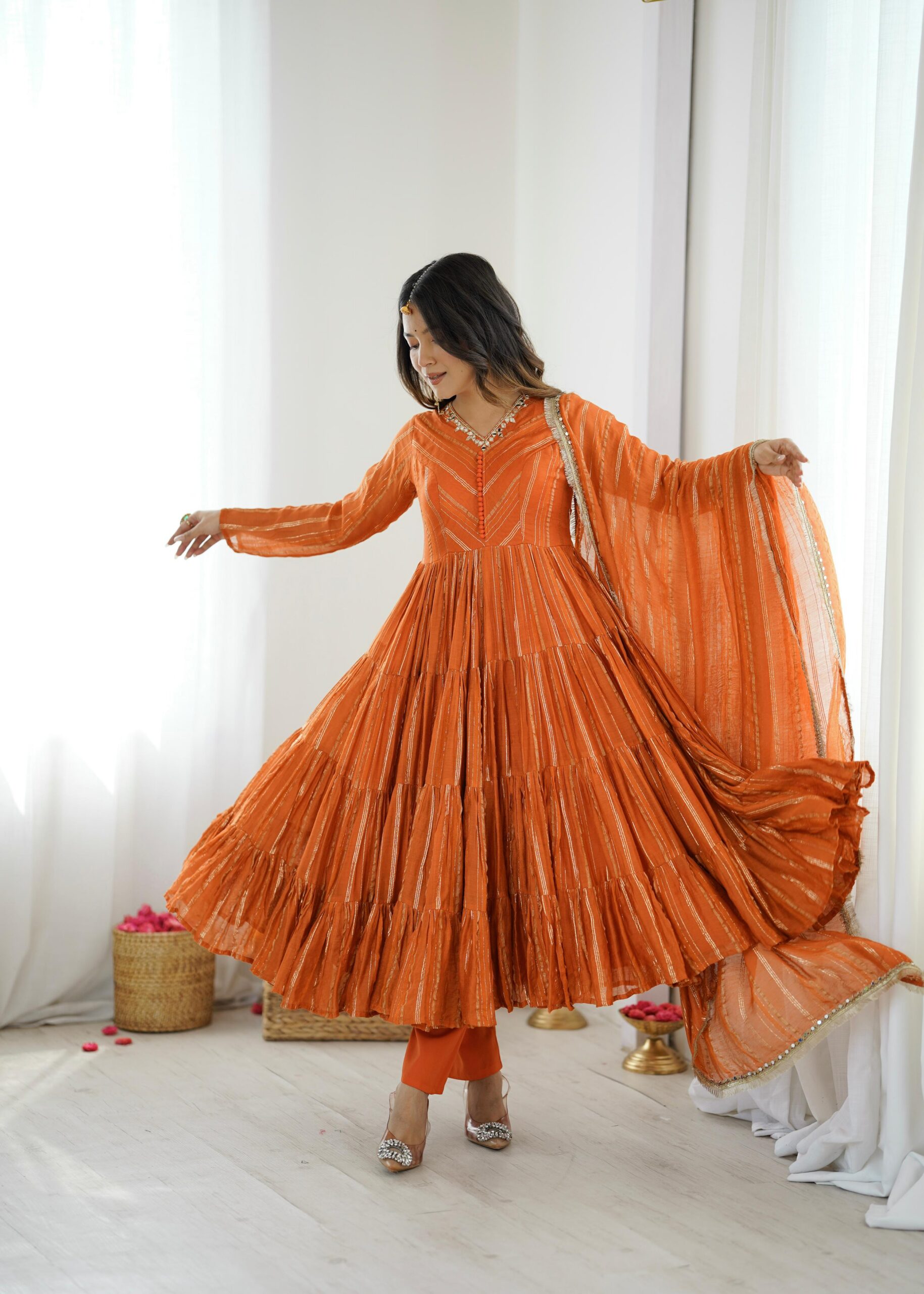 SRK 5305 Orange Color Mal Chanderi Gown with Mirror Work & Lace Work. Grab it for ₹2399. Delivery 4-6 Working Days. Shop now. | Jump Suits, Salwar suit, Casual Suits, Creative suits, Designer Suits, Palazzo Suits, Party Wear Suits, Patiala Suits, Straight Suits