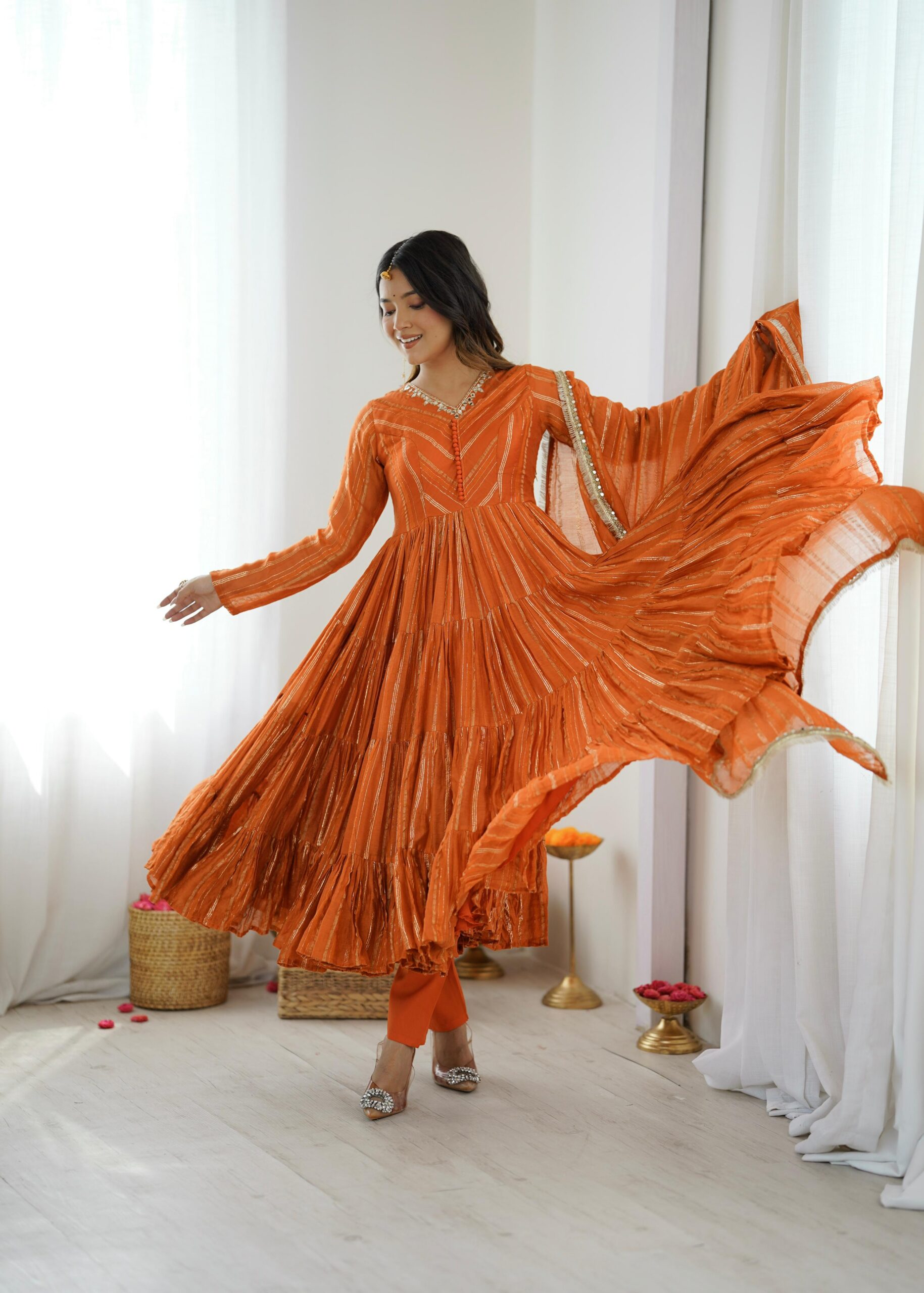SRK 5305 Orange Color Mal Chanderi Gown with Mirror Work & Lace Work. Grab it for ₹2399. Delivery 4-6 Working Days. Shop now. | Jump Suits, Salwar suit, Casual Suits, Creative suits, Designer Suits, Palazzo Suits, Party Wear Suits, Patiala Suits, Straight Suits