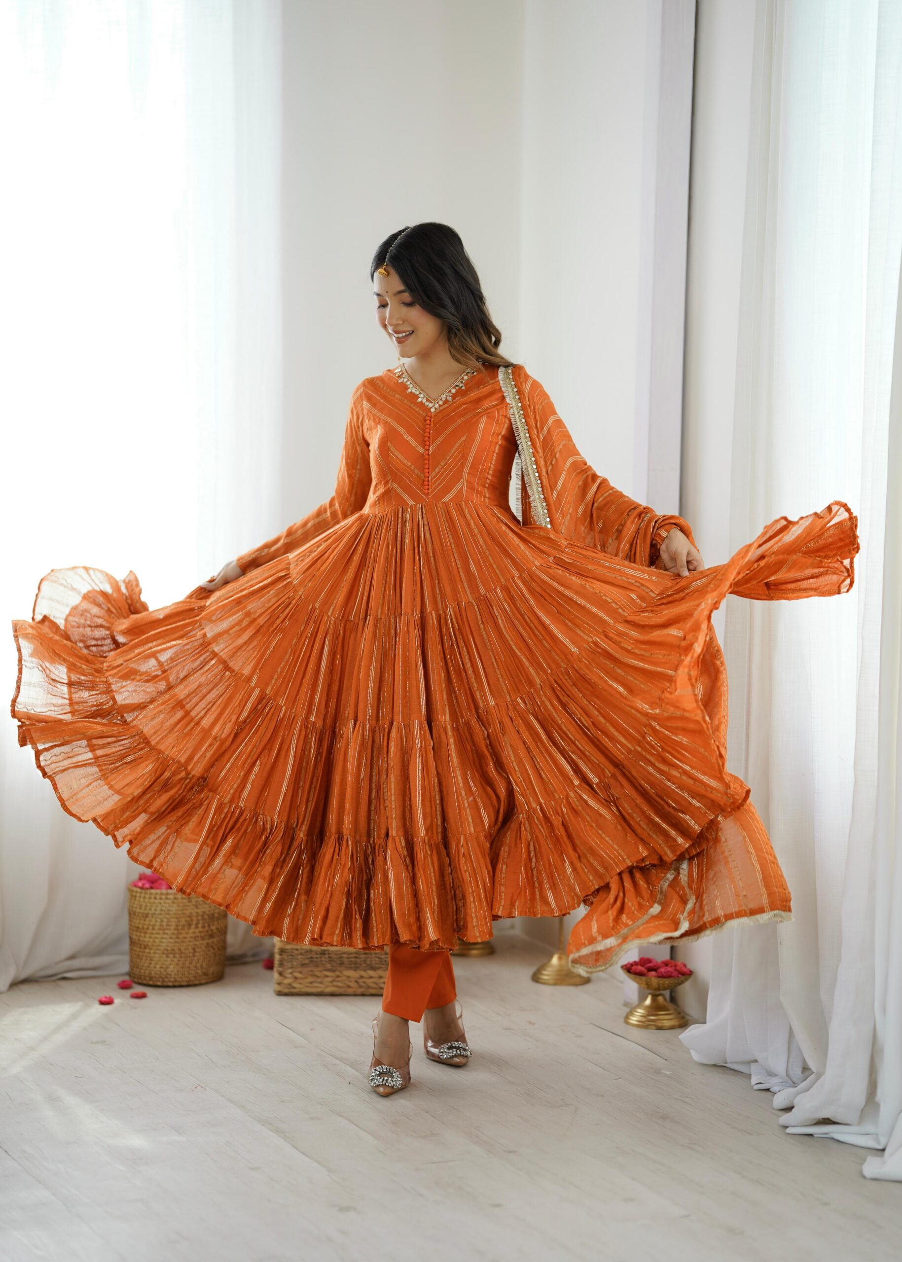 SRK 5305 Orange Color Mal Chanderi Gown with Mirror Work & Lace Work. Grab it for ₹2399. Delivery 4-6 Working Days. Shop now. | Jump Suits, Salwar suit, Casual Suits, Creative suits, Designer Suits, Palazzo Suits, Party Wear Suits, Patiala Suits, Straight Suits