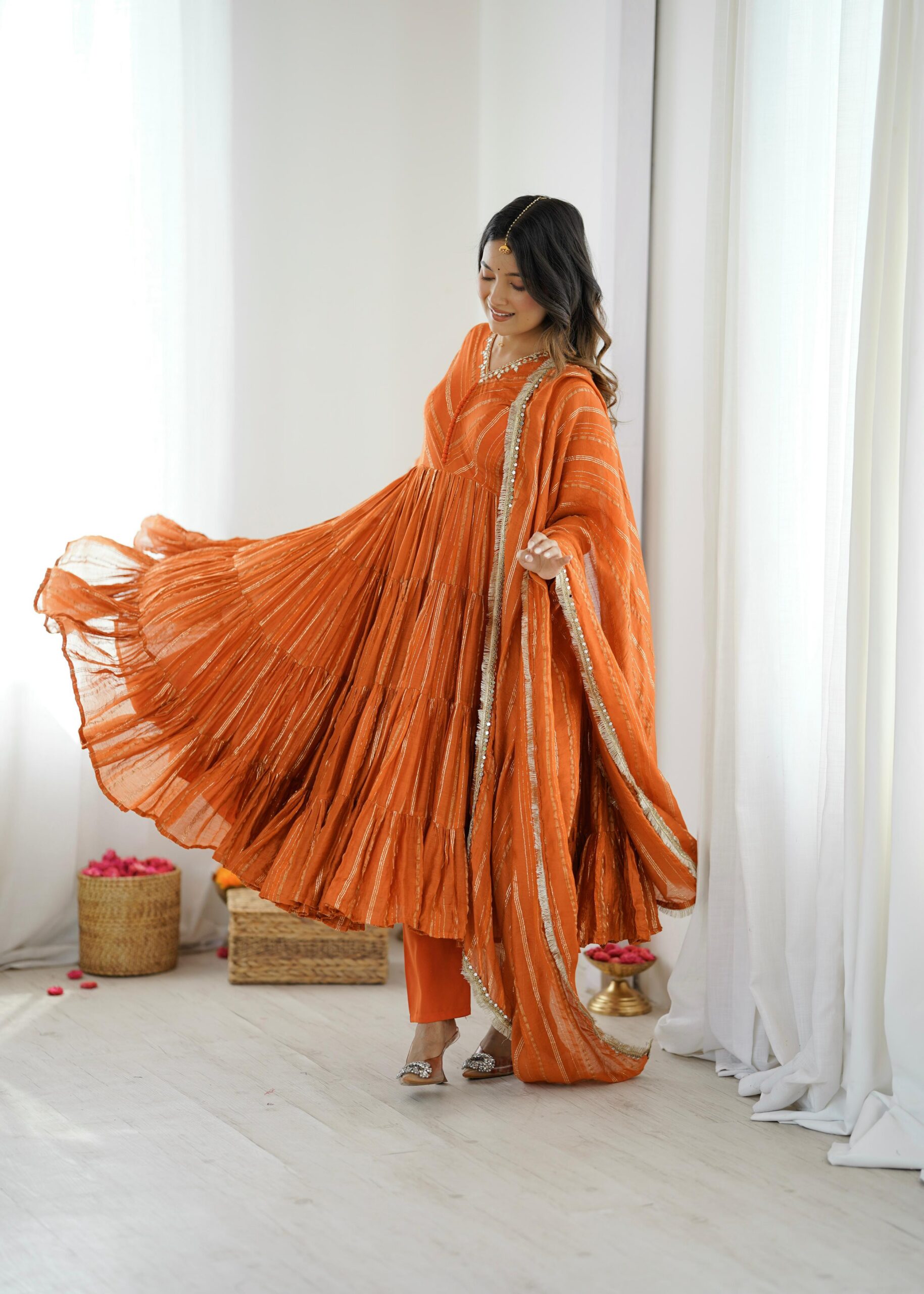 SRK 5305 Orange Color Mal Chanderi Gown with Mirror Work & Lace Work. Grab it for ₹2399. Delivery 4-6 Working Days. Shop now. | Jump Suits, Salwar suit, Casual Suits, Creative suits, Designer Suits, Palazzo Suits, Party Wear Suits, Patiala Suits, Straight Suits