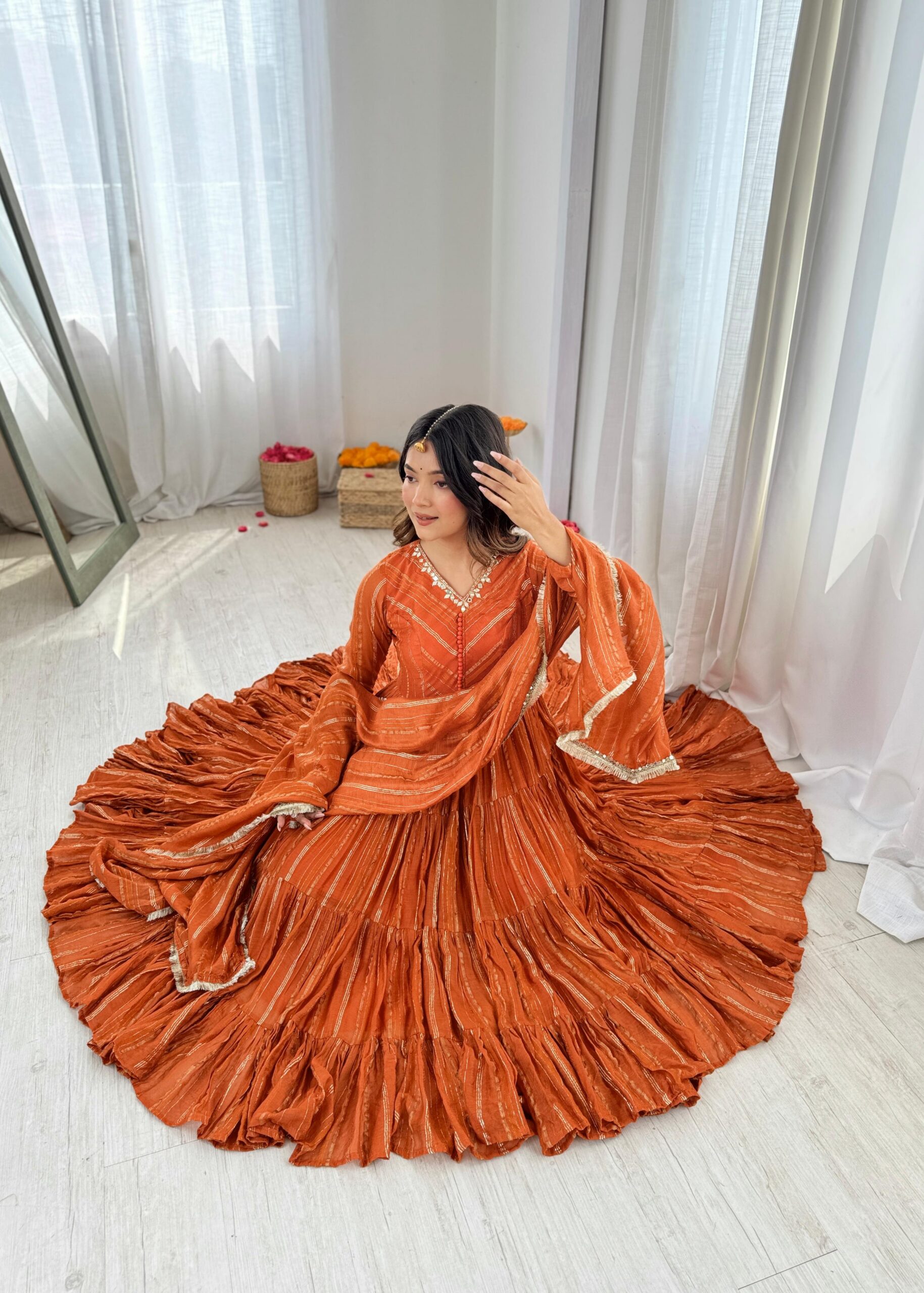SRK 5305 Orange Color Mal Chanderi Gown with Mirror Work & Lace Work. Grab it for ₹2399. Delivery 4-6 Working Days. Shop now. | Jump Suits, Salwar suit, Casual Suits, Creative suits, Designer Suits, Palazzo Suits, Party Wear Suits, Patiala Suits, Straight Suits