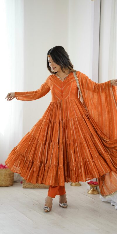 SRK 5305 Orange Color Mal Chanderi Gown with Mirror Work & Lace Work. Grab it for ₹2399. Delivery 4-6 Working Days. Shop now. | Gowns, Bollywood Gowns, Creative Gowns, Designer Gowns, Embroidered Gowns, Party Wear Gowns