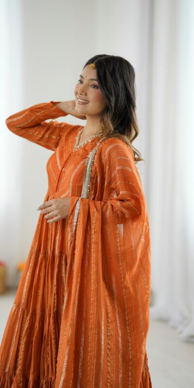 SRK 5305 Orange Color Mal Chanderi Gown with Mirror Work & Lace Work. Grab it for ₹2399. Delivery 4-6 Working Days. Shop now. | Gowns, Bollywood Gowns, Creative Gowns, Designer Gowns, Embroidered Gowns, Party Wear Gowns
