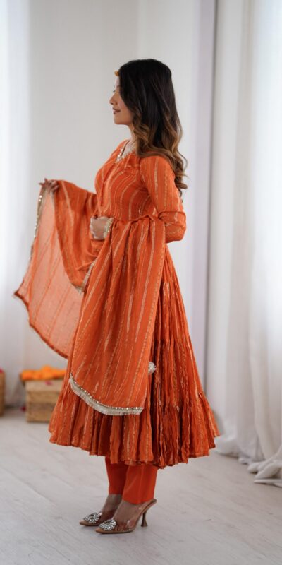 SRK 5305 Orange Color Mal Chanderi Gown with Mirror Work & Lace Work. Grab it for ₹2399. Delivery 4-6 Working Days. Shop now. | Gowns, Bollywood Gowns, Creative Gowns, Designer Gowns, Embroidered Gowns, Party Wear Gowns