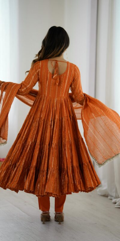 SRK 5305 Orange Color Mal Chanderi Gown with Mirror Work & Lace Work. Grab it for ₹2399. Delivery 4-6 Working Days. Shop now. | Gowns, Bollywood Gowns, Creative Gowns, Designer Gowns, Embroidered Gowns, Party Wear Gowns