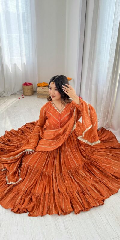SRK 5305 Orange Color Mal Chanderi Gown with Mirror Work & Lace Work. Grab it for ₹2399. Delivery 4-6 Working Days. Shop now. | Gowns, Bollywood Gowns, Creative Gowns, Designer Gowns, Embroidered Gowns, Party Wear Gowns