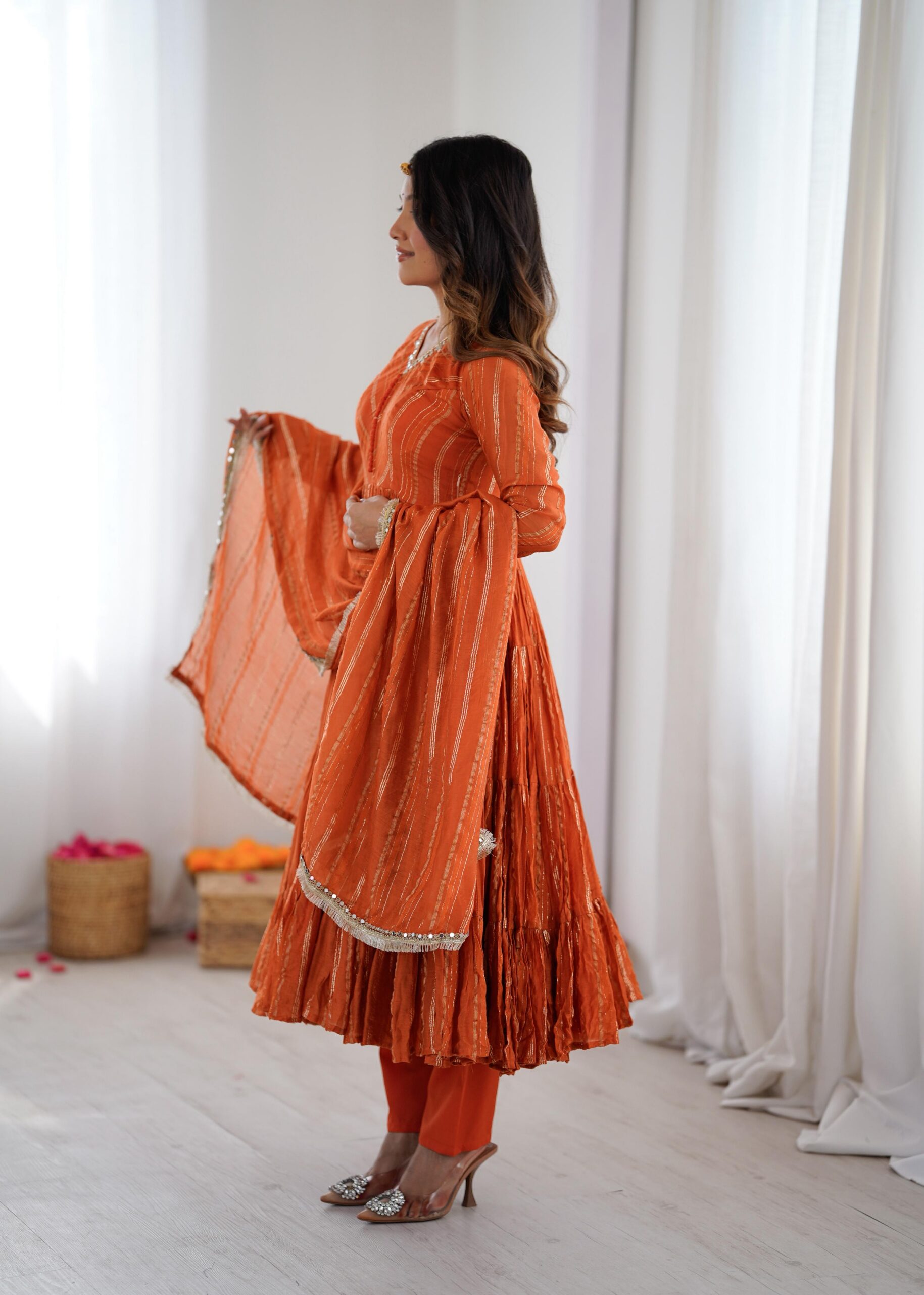 SRK 5305 Orange Color Mal Chanderi Gown with Mirror Work & Lace Work. Grab it for ₹2399. Delivery 4-6 Working Days. Shop now. | Jump Suits, Salwar suit, Casual Suits, Creative suits, Designer Suits, Palazzo Suits, Party Wear Suits, Patiala Suits, Straight Suits