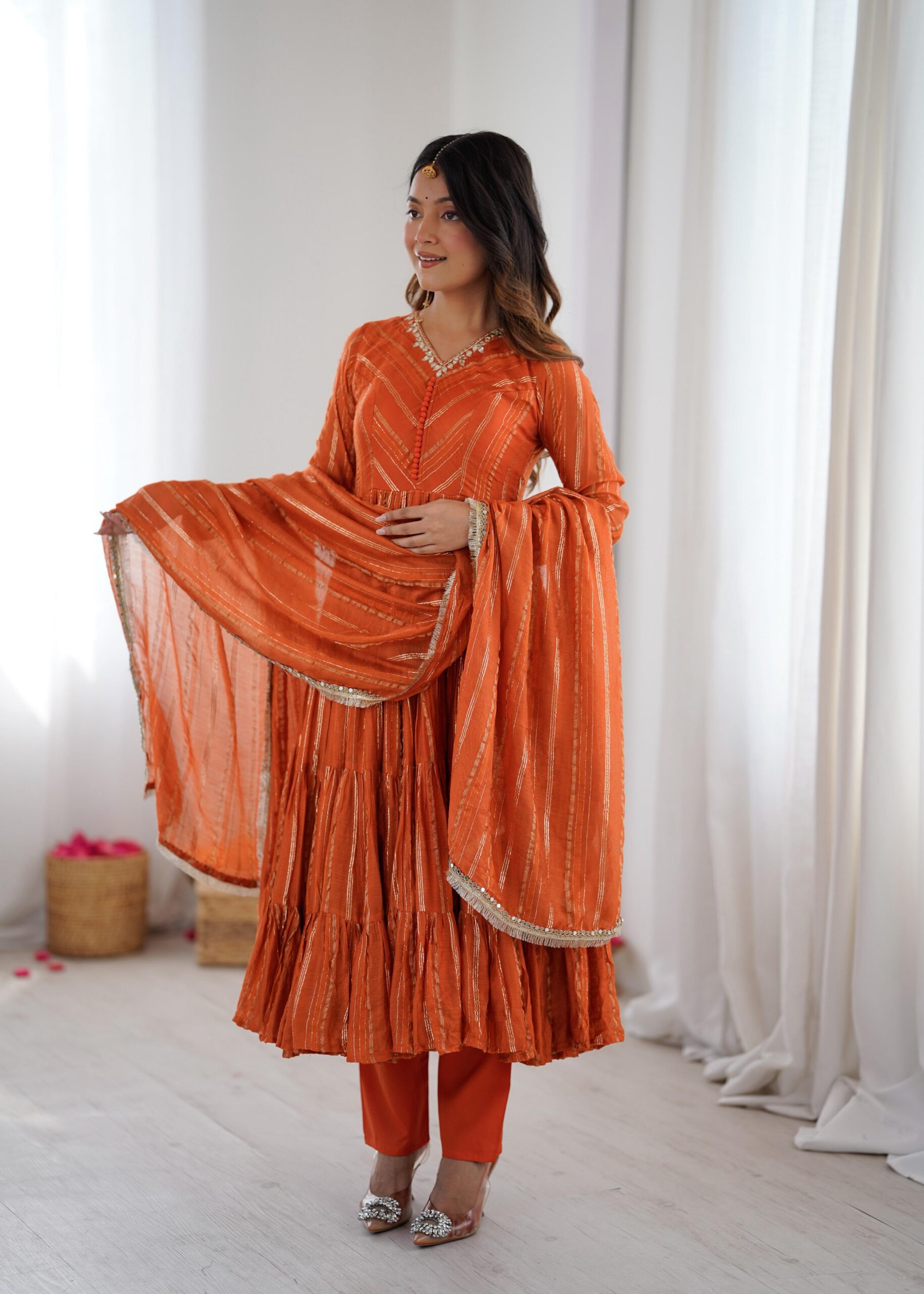 SRK 5305 Orange Color Mal Chanderi Gown with Mirror Work & Lace Work. Grab it for ₹2399. Delivery 4-6 Working Days. Shop now. | Jump Suits, Salwar suit, Casual Suits, Creative suits, Designer Suits, Palazzo Suits, Party Wear Suits, Patiala Suits, Straight Suits