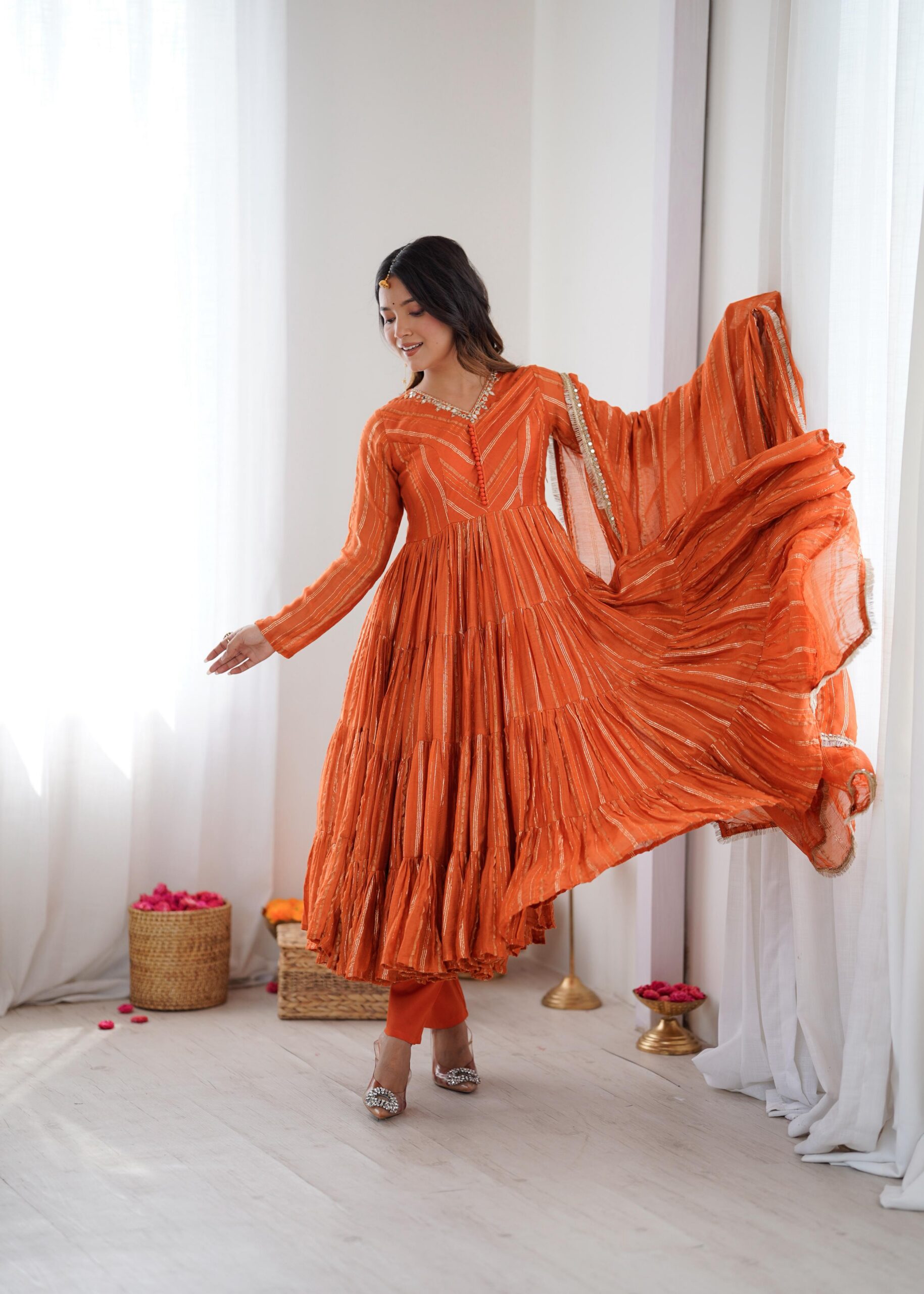 SRK 5305 Orange Color Mal Chanderi Gown with Mirror Work & Lace Work. Grab it for ₹2399. Delivery 4-6 Working Days. Shop now. | Jump Suits, Salwar suit, Casual Suits, Creative suits, Designer Suits, Palazzo Suits, Party Wear Suits, Patiala Suits, Straight Suits