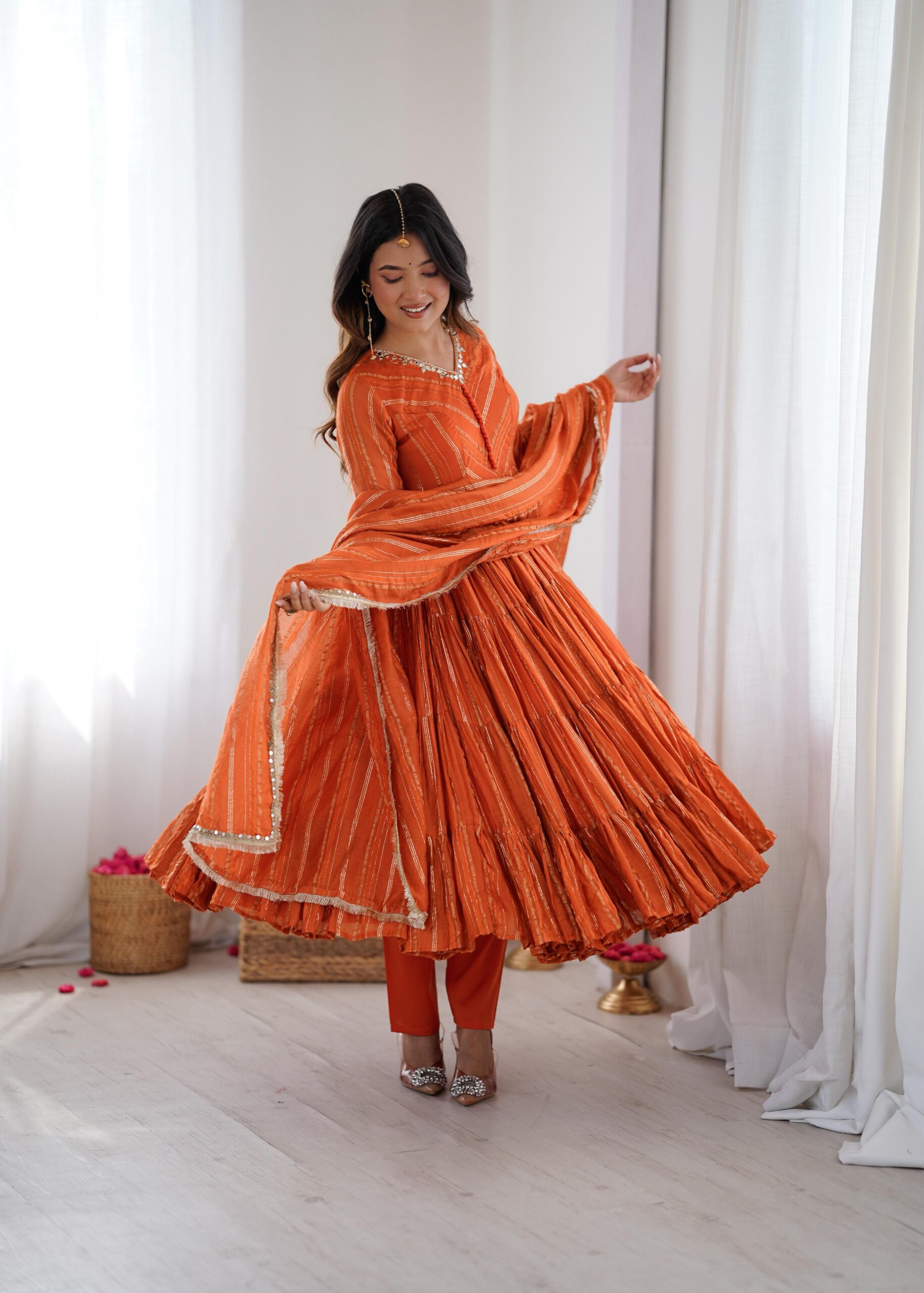 SRK 5305 Orange Color Mal Chanderi Gown with Mirror Work & Lace Work. Grab it for ₹2399. Delivery 4-6 Working Days. Shop now. | Jump Suits, Salwar suit, Casual Suits, Creative suits, Designer Suits, Palazzo Suits, Party Wear Suits, Patiala Suits, Straight Suits