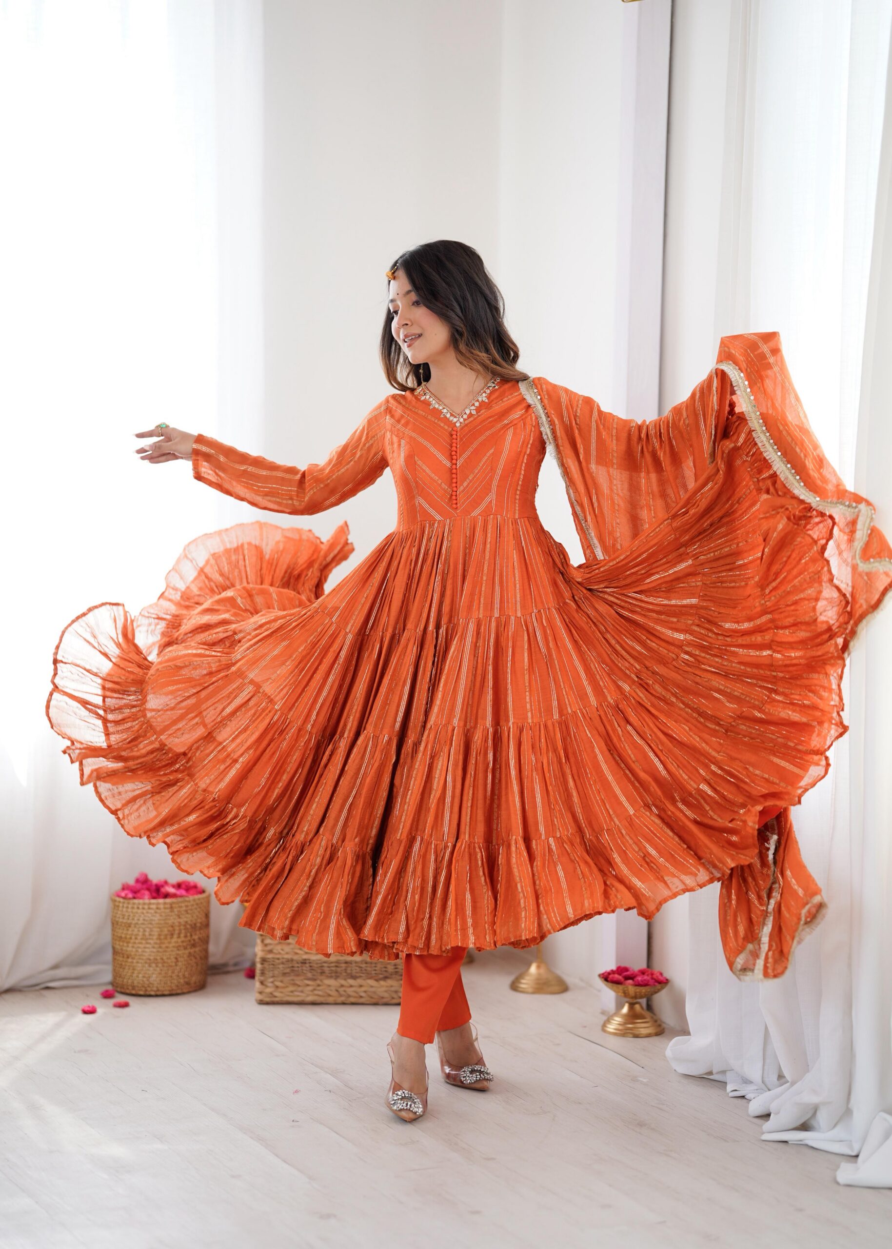 SRK 5305 Orange Color Mal Chanderi Gown with Mirror Work & Lace Work. Grab it for ₹2399. Delivery 4-6 Working Days. Shop now. | Jump Suits, Salwar suit, Casual Suits, Creative suits, Designer Suits, Palazzo Suits, Party Wear Suits, Patiala Suits, Straight Suits