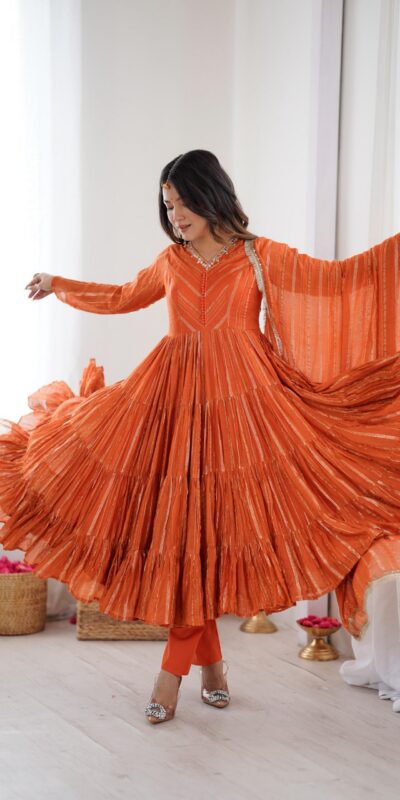 SRK 5305 Orange Color Mal Chanderi Gown with Mirror Work & Lace Work. Grab it for ₹2399. Delivery 4-6 Working Days. Shop now. | Jump Suits, Salwar suit, Casual Suits, Creative suits, Designer Suits, Palazzo Suits, Party Wear Suits, Patiala Suits, Straight Suits