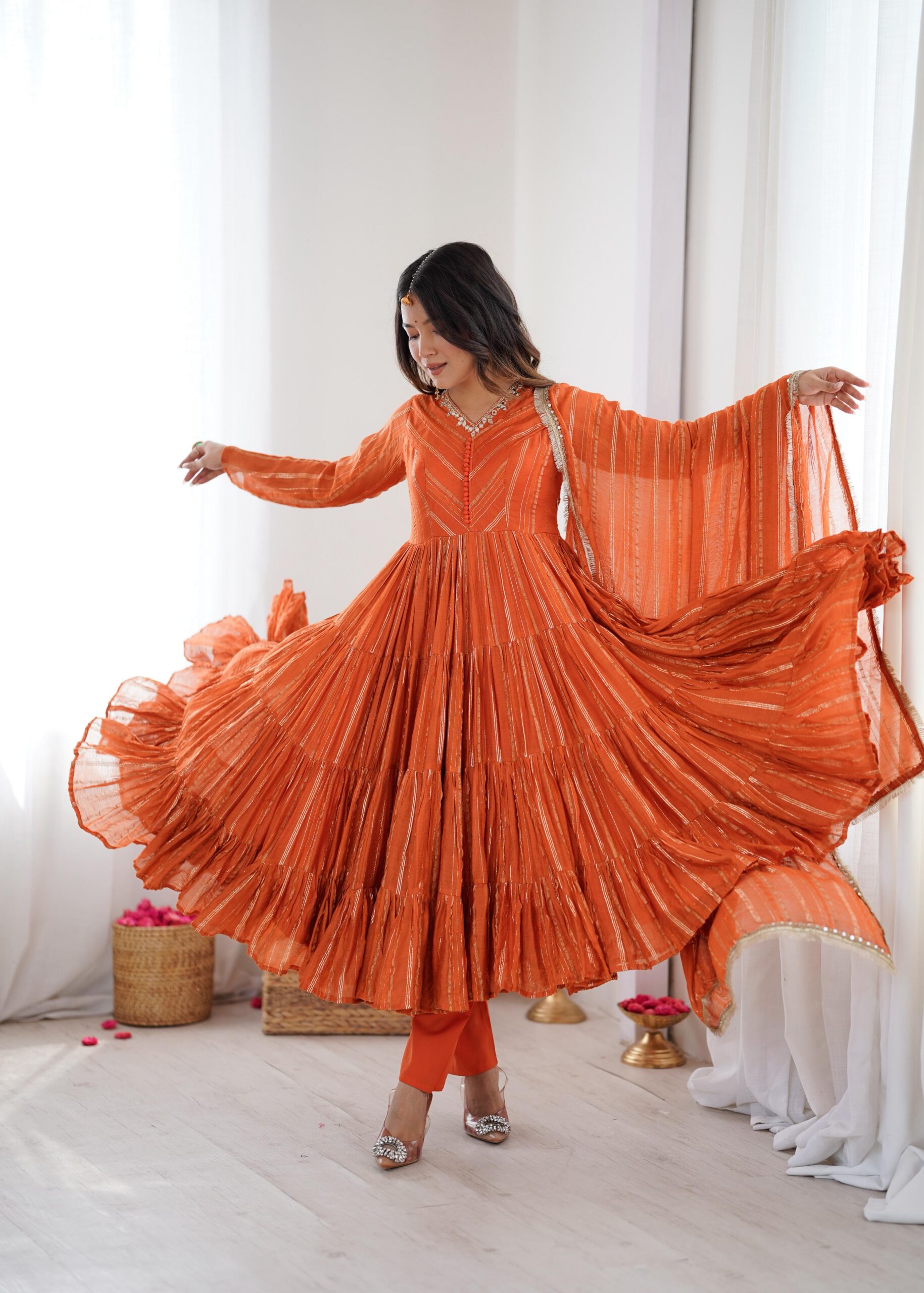 SRK 5305 Orange Color Mal Chanderi Gown with Mirror Work & Lace Work. Grab it for ₹2399. Delivery 4-6 Working Days. Shop now. | Jump Suits, Salwar suit, Casual Suits, Creative suits, Designer Suits, Palazzo Suits, Party Wear Suits, Patiala Suits, Straight Suits