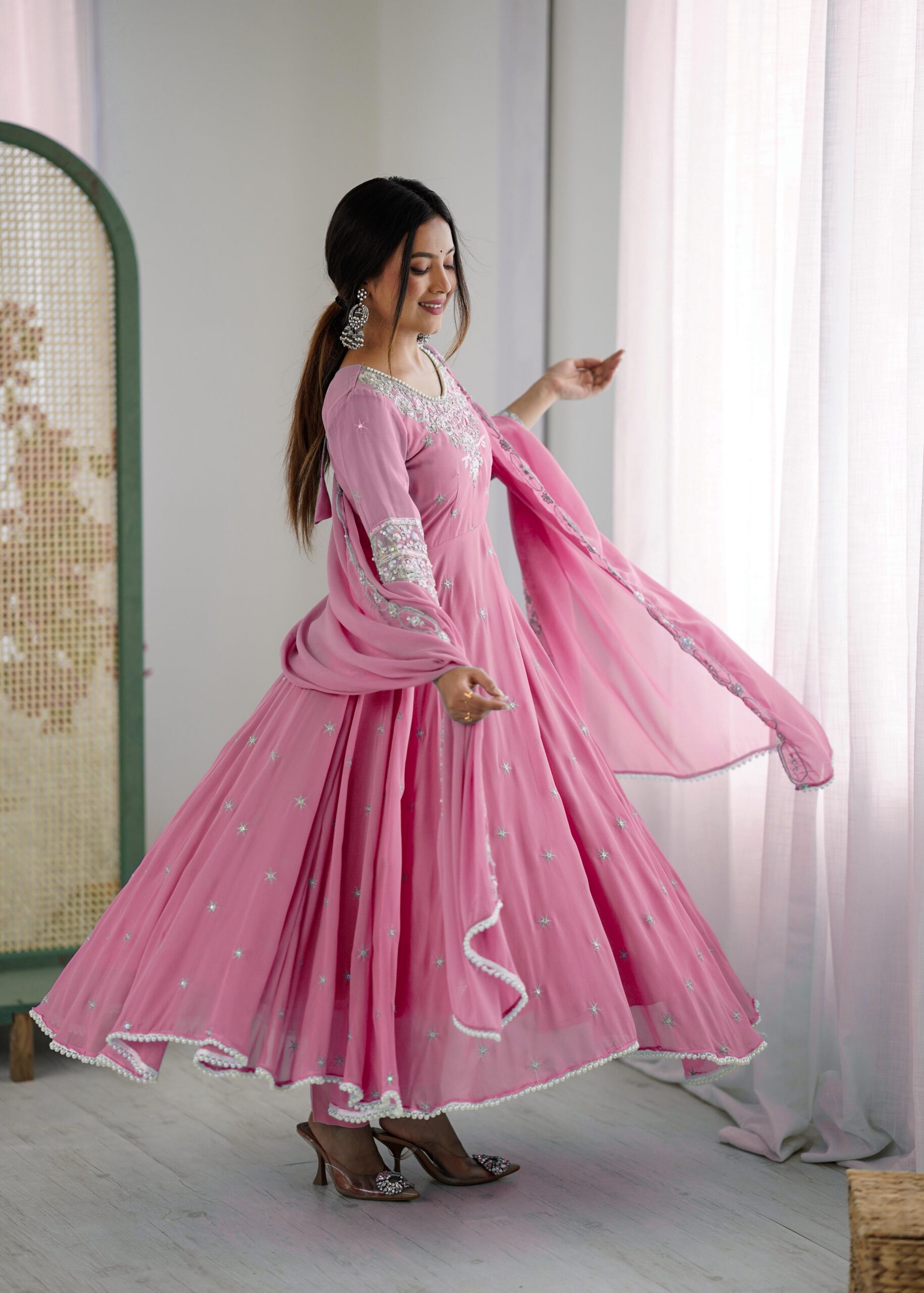 ZF 5012 Pink Blooming Faux Gown with Embroidery Work. Wedding, Party, Festive, Events Grab it for ₹2149. Delivery 4-6 Working Days. Shop now. | Lehenga, Bollywood Lehenga, Creative Lehenga, Designer Lehenga, Embroidered Lehenga, Party Wear Lehenga