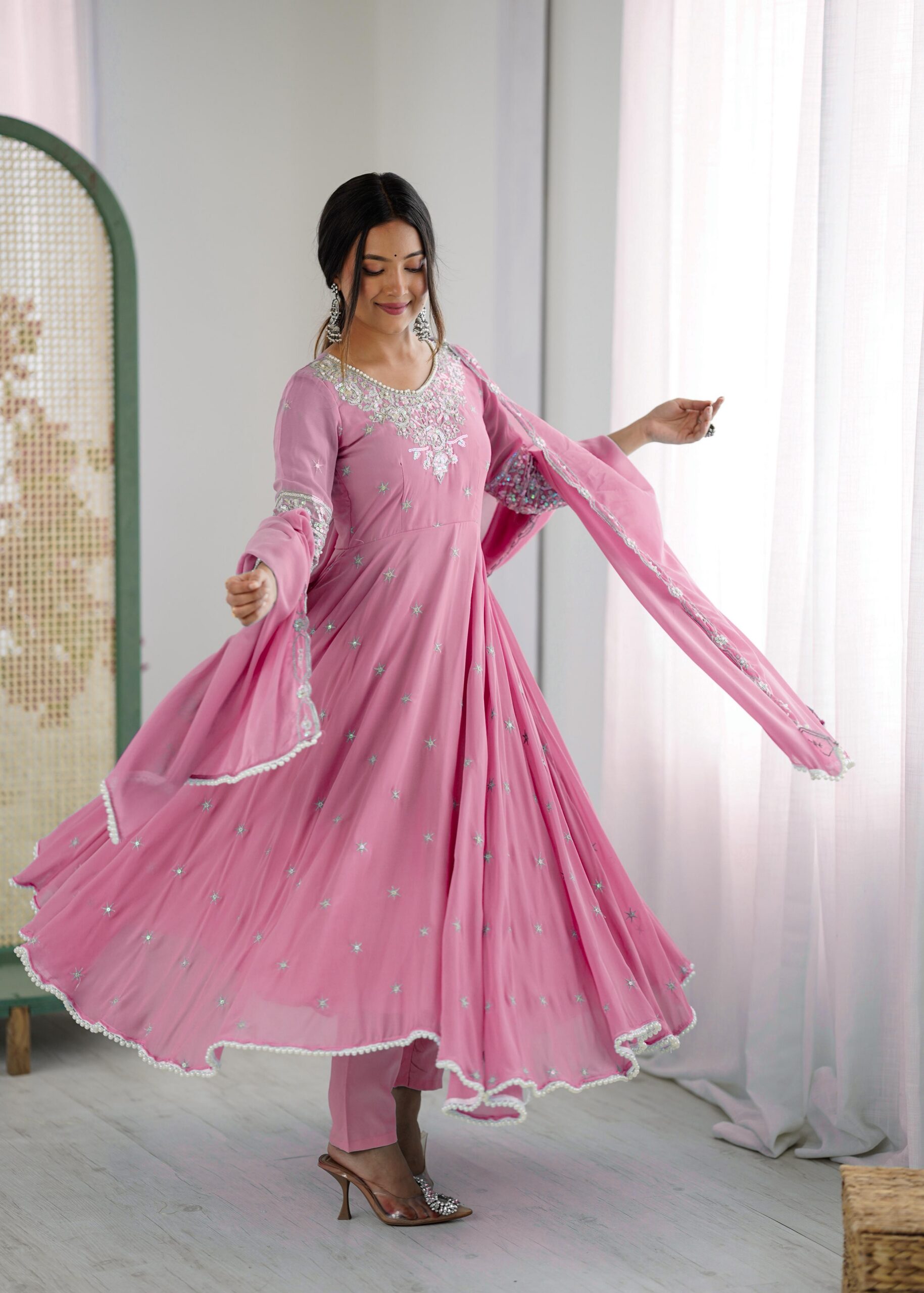 ZF 5012 Pink Blooming Faux Gown with Embroidery Work. Wedding, Party, Festive, Events Grab it for ₹2149. Delivery 4-6 Working Days. Shop now. | Lehenga, Bollywood Lehenga, Creative Lehenga, Designer Lehenga, Embroidered Lehenga, Party Wear Lehenga